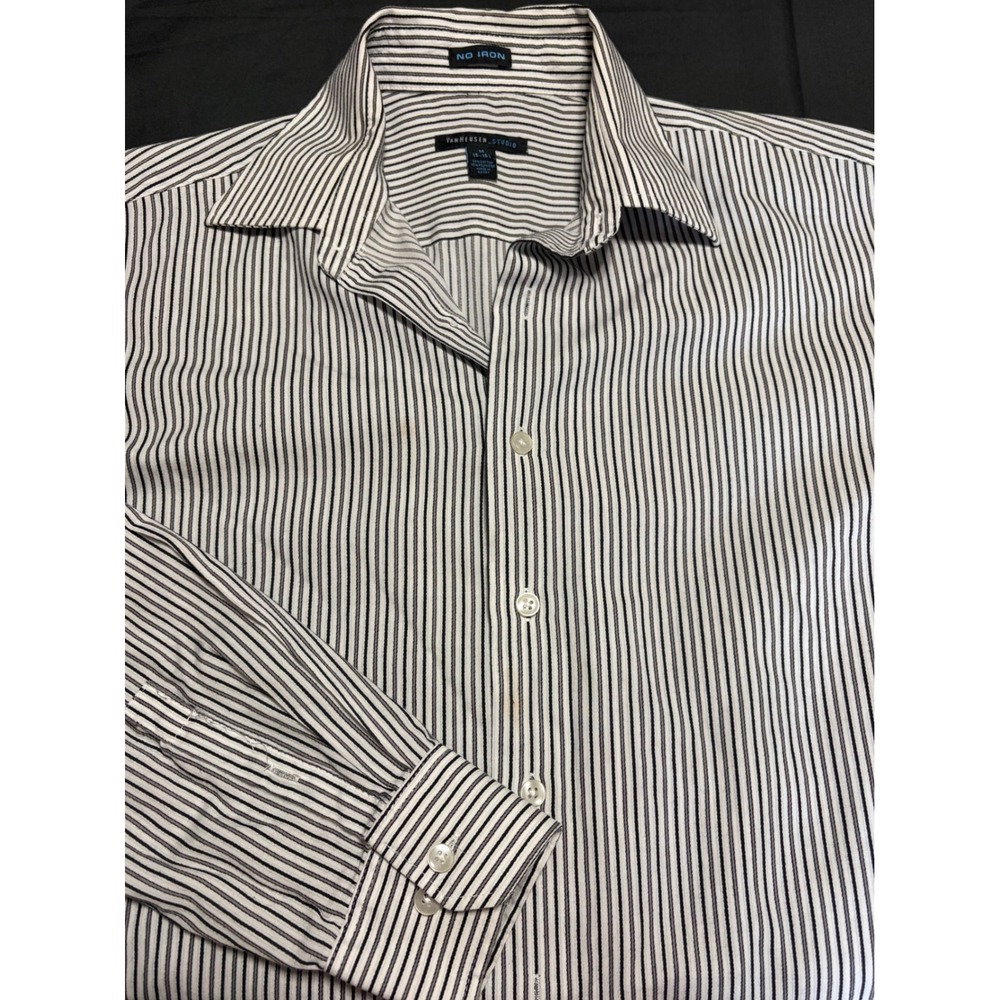 Van Heusen Studio Mens No Iron Striped Button Down Shirt Black White Grey Size M